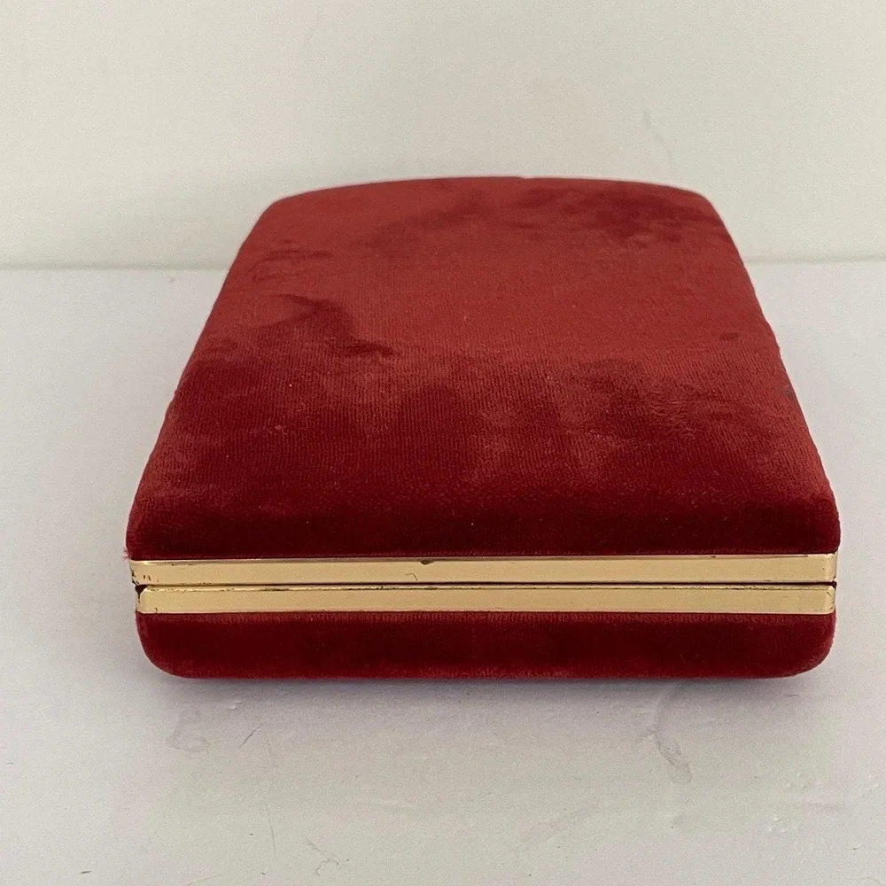 Vintage Mele Red Velvet Jewelry Travel Case Gold Tone Trim Clamshell Organizer‎
